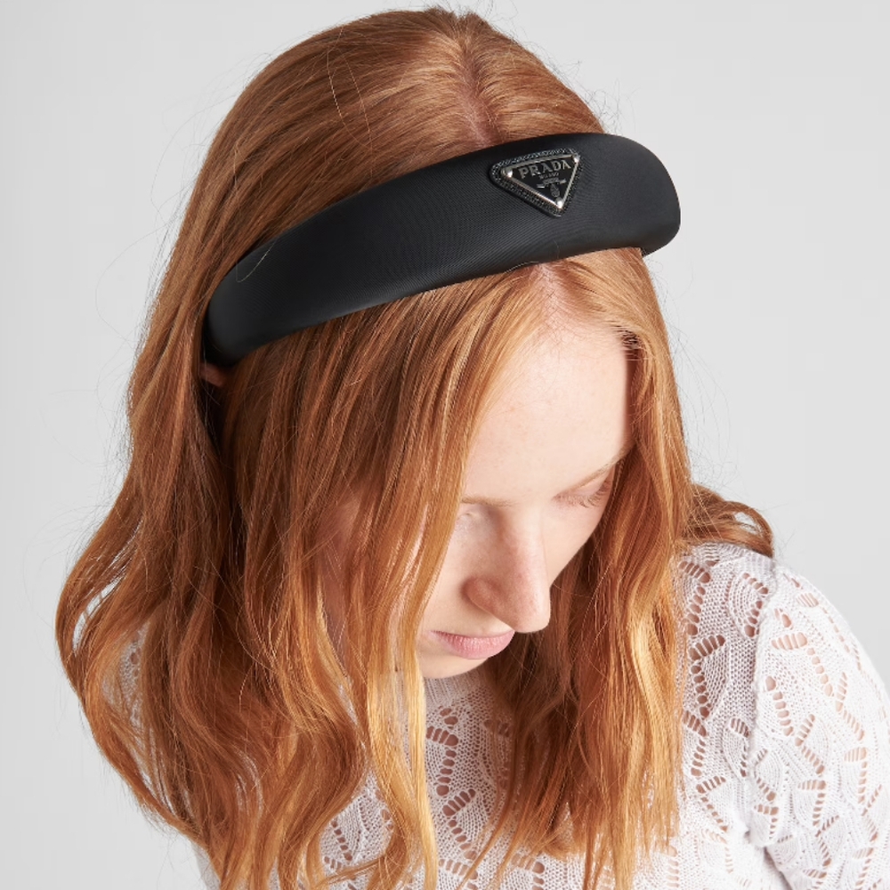 Prada Black Padded Headband with Triangle Logo - Picture 2 of 16